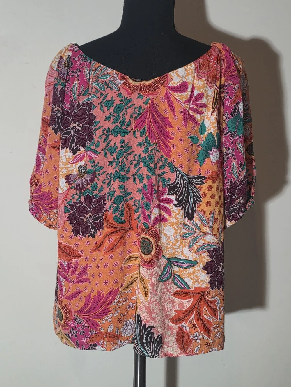 LOFT Pink Orange Floral Scoop Neck Blouse (Size M-P)